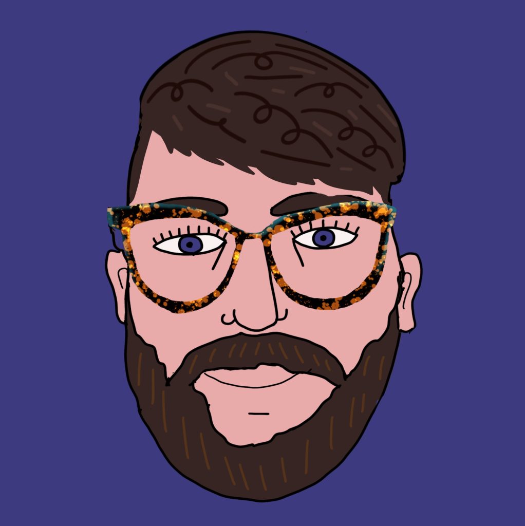 A drawing of a white man with a brown beard and brown hair and really cool tortoiseshell glasses