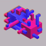 a glitchy 3D-ish bunch of lego-ish blocks in blue and pink