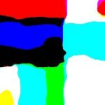 distorted rectangles in red, blue, black, teal, and bright green. there is also a very small one that is yellow-green